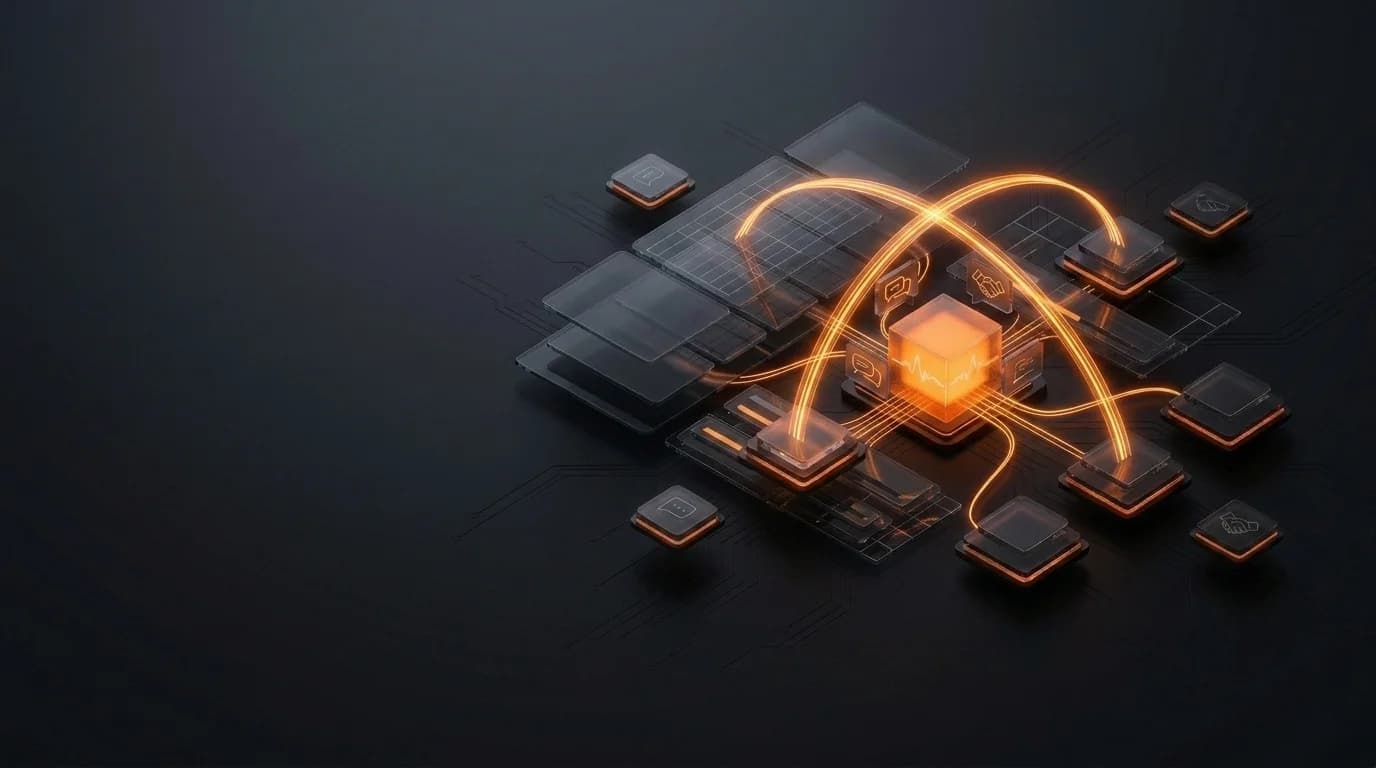 Două platforme conectate printr-un arc de date portocaliu, cu un nod central de mesaj — motiv de contact în stil BaseTech