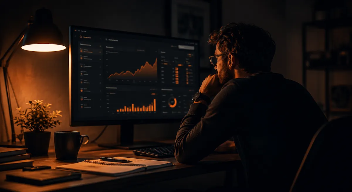 Founder analizând un dashboard cu curbe de cost portocalii, birou în penumbră, fundal charcoal și accente crem.