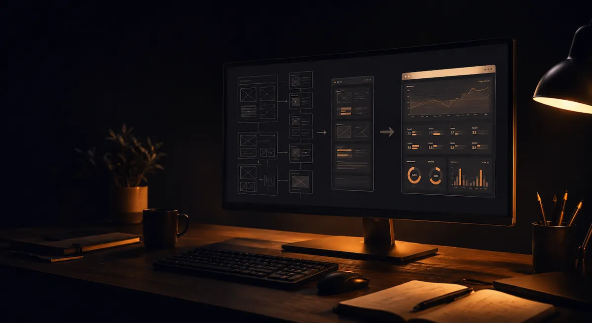 Ilustrație editorială: scheletul unei aplicații SaaS prinde contur fază cu fază, pe charcoal cu accente portocalii