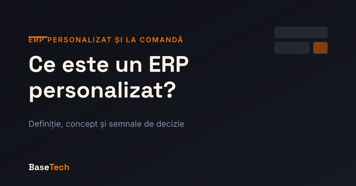 Copertă cu titlul „Ce este un ERP personalizat", pe fundal grafic închis, cu motiv discret pentru serviciul ERP