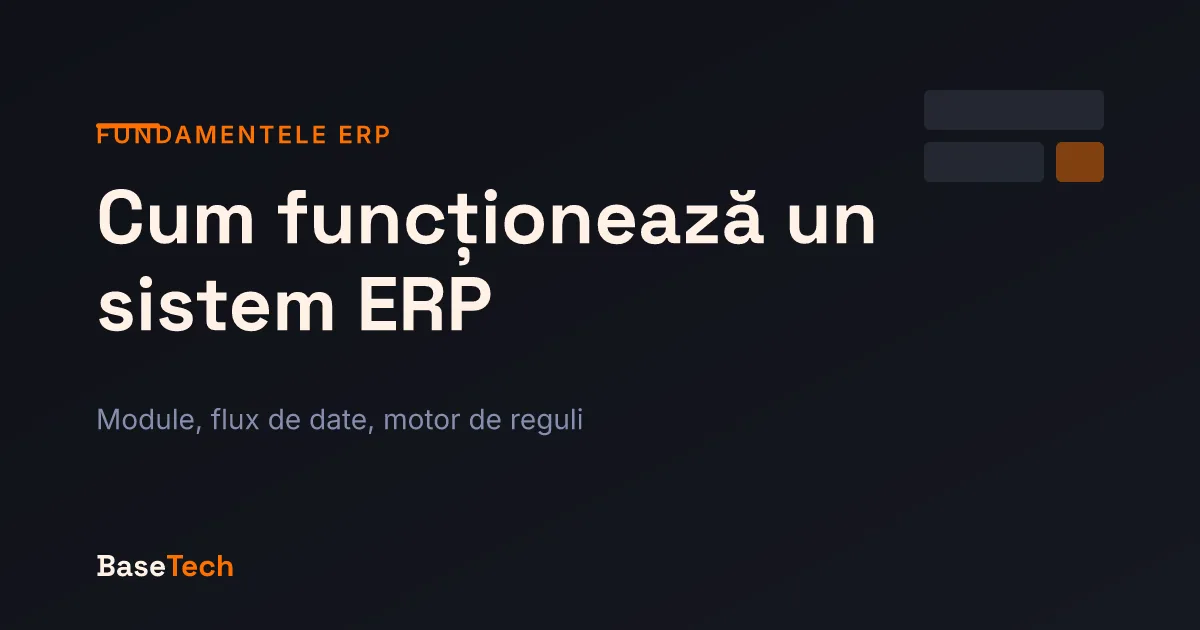 Coperta articolului despre cum funcționează un sistem ERP: module conectate printr-o bază de date centrală.