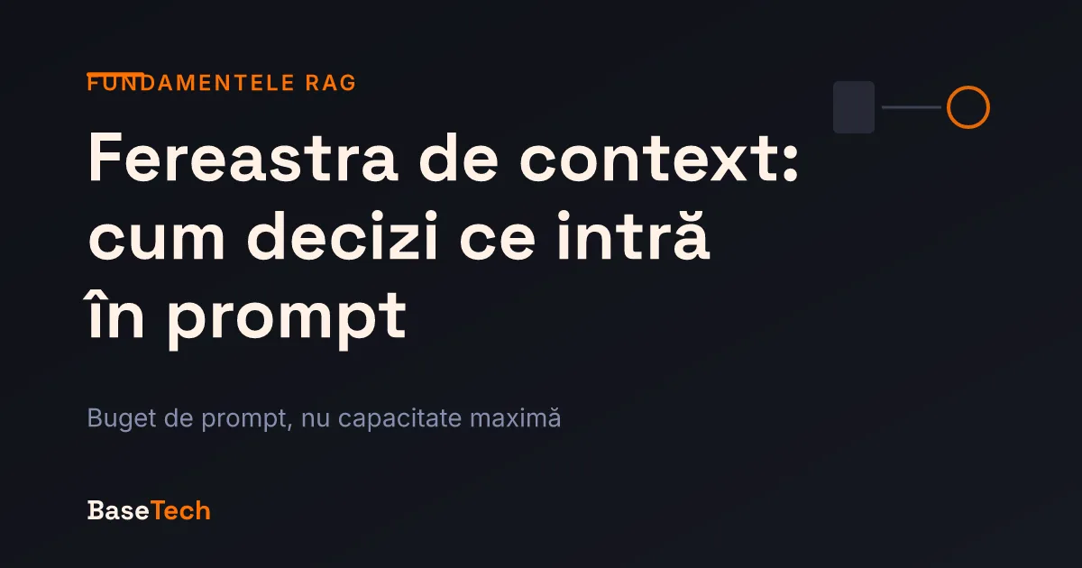 Fereastra de context a unui LLM împărțită pe secțiuni de buget: instrucțiuni, istoric, context recuperat și rezerva de output
