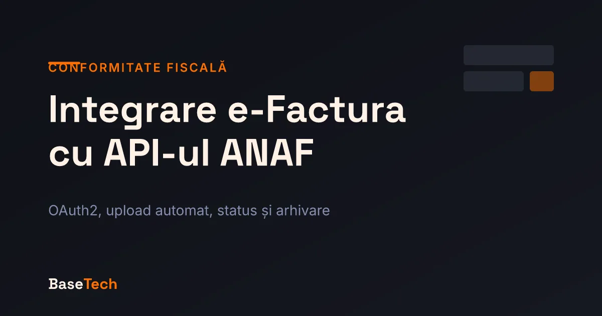 Conexiune directă între aplicația unei companii și API-ul ANAF pentru RO e-Factura, cu autentificare OAuth2 și recipisă semnată, pe fundal charcoal