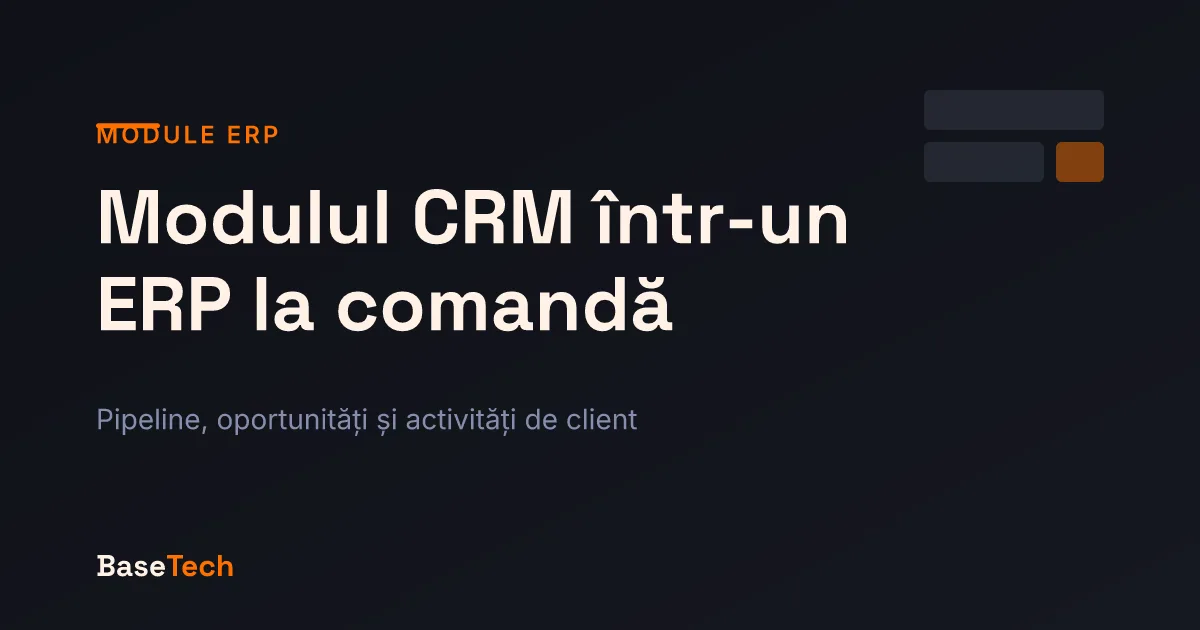 Copertă modul CRM ERP: ilustrație abstractă a pipeline-ului de vânzări, paletă brand cu accent portocaliu
