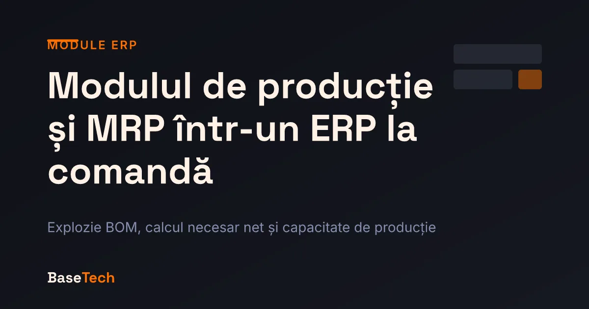 Diagramă stilizată cu explozia unei rețete de fabricație și calculul necesarului de materiale într-un modul MRP