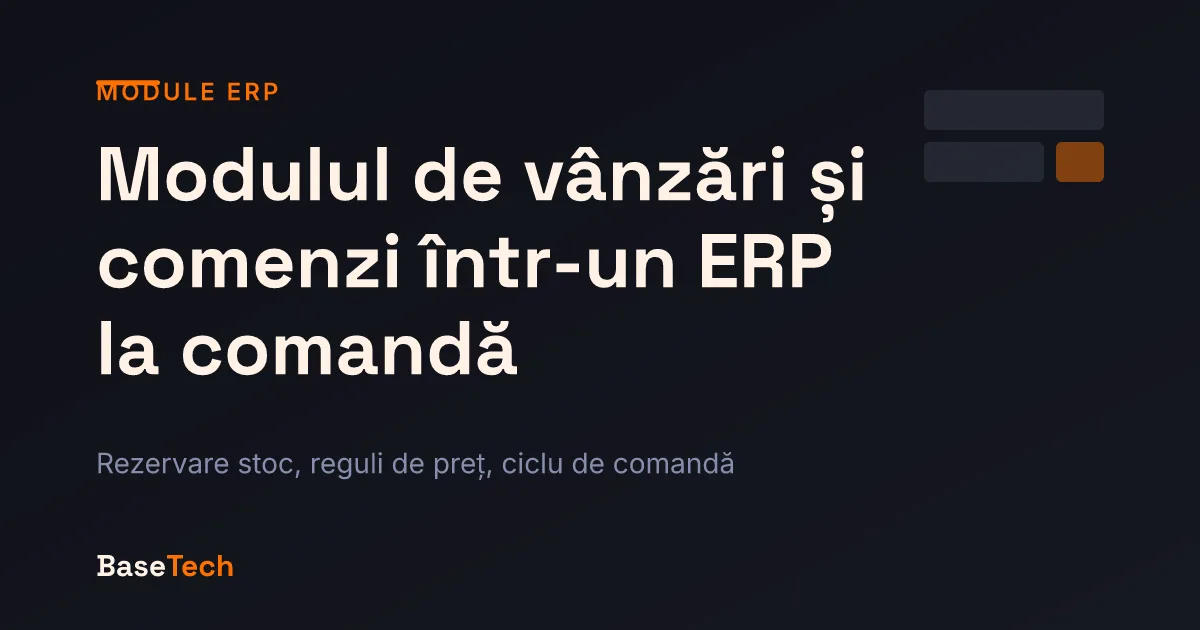 Copertă modul vânzări și comenzi ERP: ilustrație abstractă a fluxului de comandă, paletă brand cu accent portocaliu