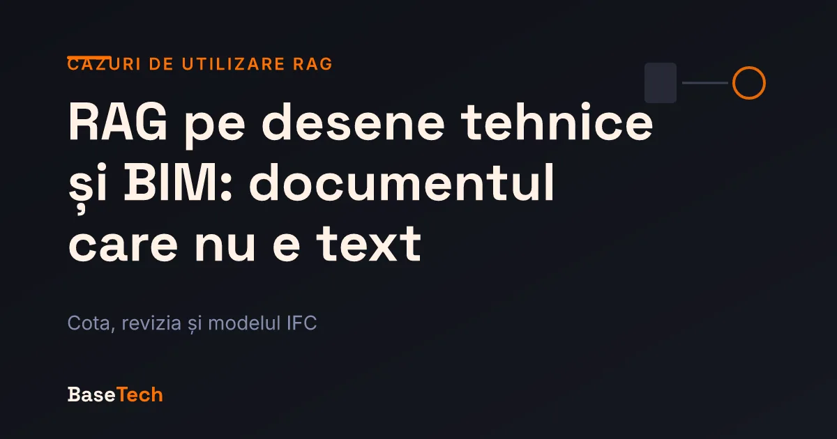 Ilustrație abstractă: desen tehnic cu o cotă legată de elementul ei, tabel de revizii și entități IFC interogate structurat