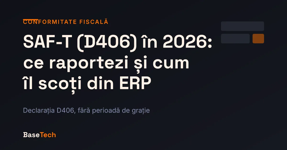 Copertă cu titlul articolului despre SAF-T D406 2026, eticheta Conformitate fiscală, pe fundal întunecat cu accent portocaliu