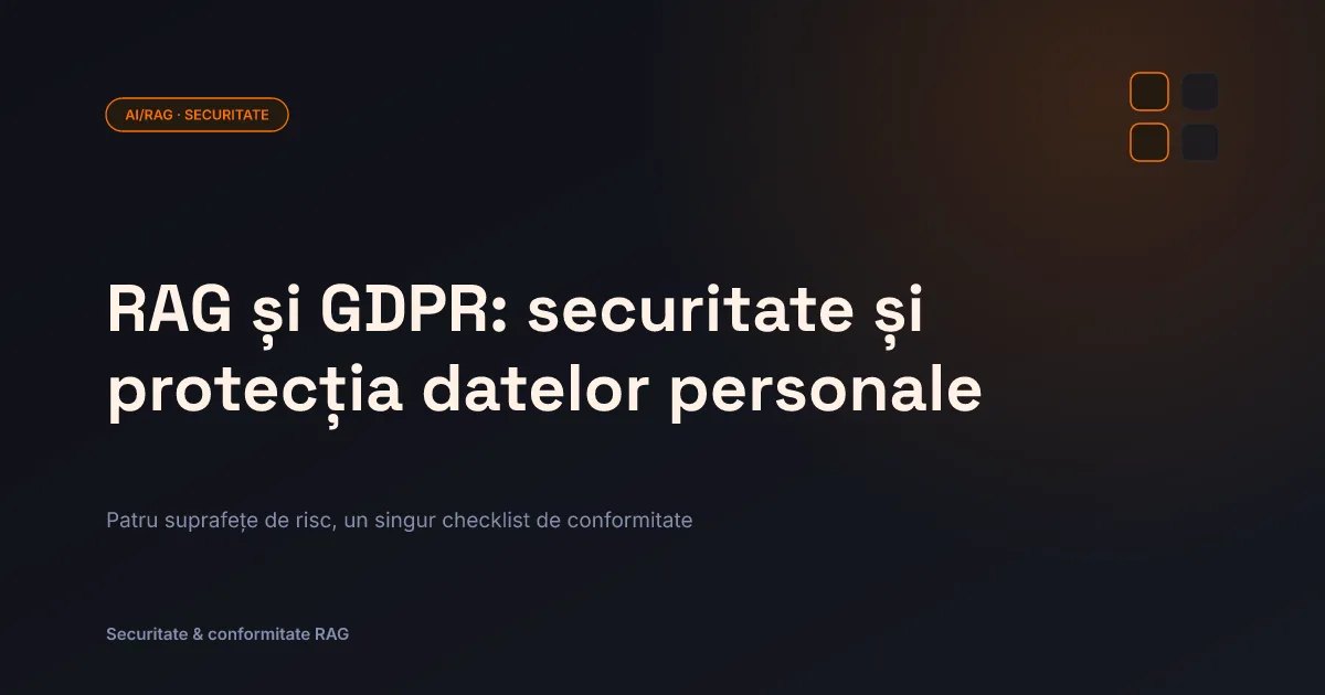Copertă articol cu eticheta AI/RAG · Securitate, titlu despre RAG și GDPR, pe fundal închis cu accent portocaliu