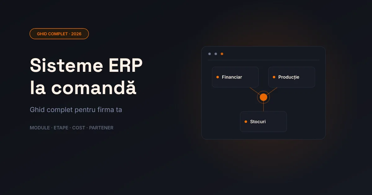 Cover pentru ghidul despre sisteme ERP la comandă: dashboard stilizat cu module financiar, producție și stocuri conectate