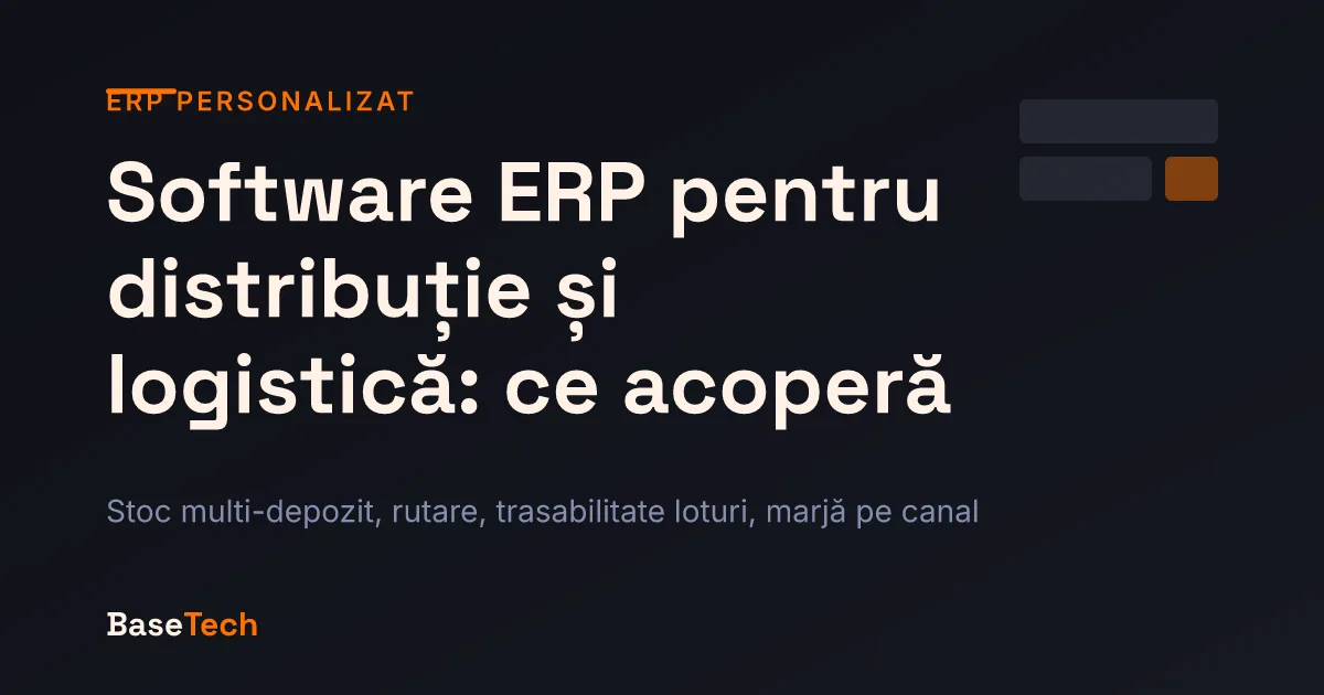 Ilustrație abstractă cu depozite conectate, rute de livrare și fluxuri de date pentru un ERP de distribuție