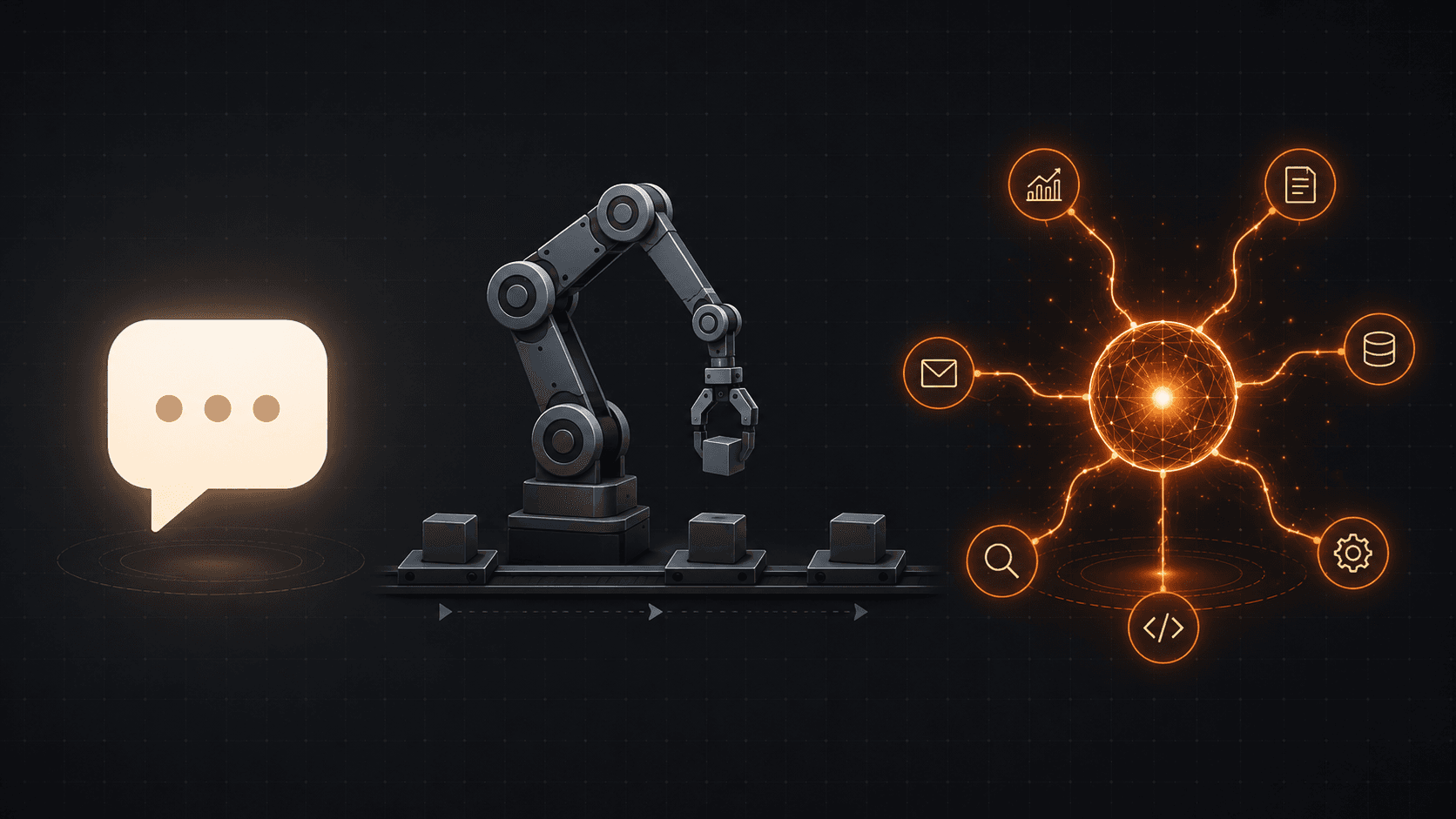 Ilustrație editorială: chatbot, robot RPA și agent AI autonom, comparate pe fundal charcoal cu accente portocalii.