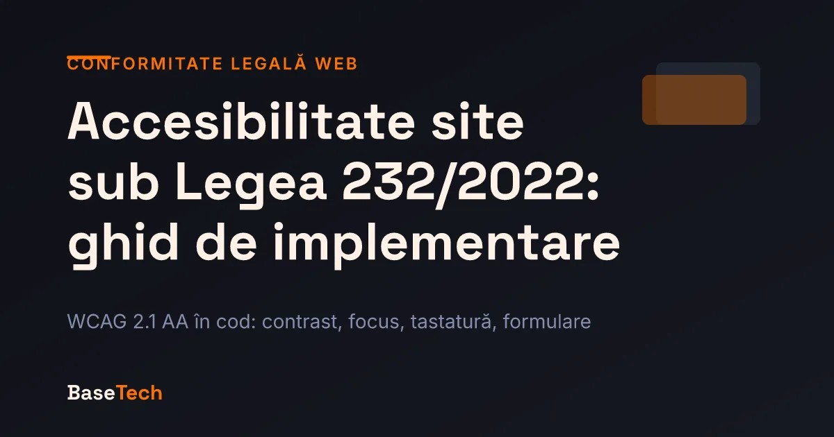 Copertă a ghidului de implementare a accesibilității web sub Legea 232/2022, cu motiv geometric pe fundal închis
