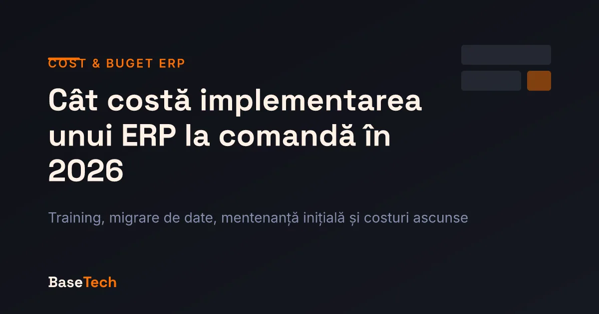 Defalcarea costului de implementare ERP: training, migrare de date, mentenanță inițială, stil editorial portocaliu-antracit