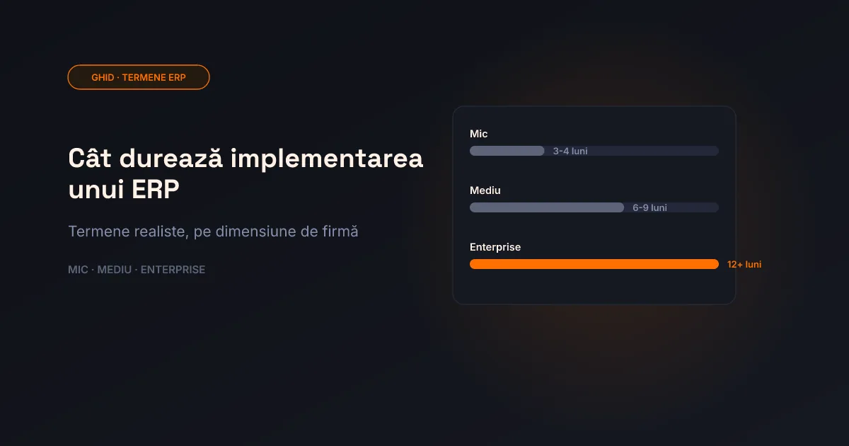 Copertă cu trei bare orizontale de durată în luni, pe niveluri de proiect ERP, paletă orange-crem pe fundal antracit