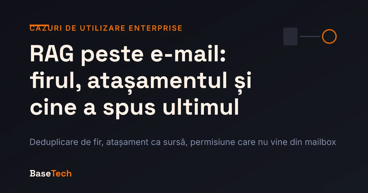 Ilustrație abstractă: un fir de e-mail ramificat, cu citate duplicate estompate și un atașament marcat drept sursa reală