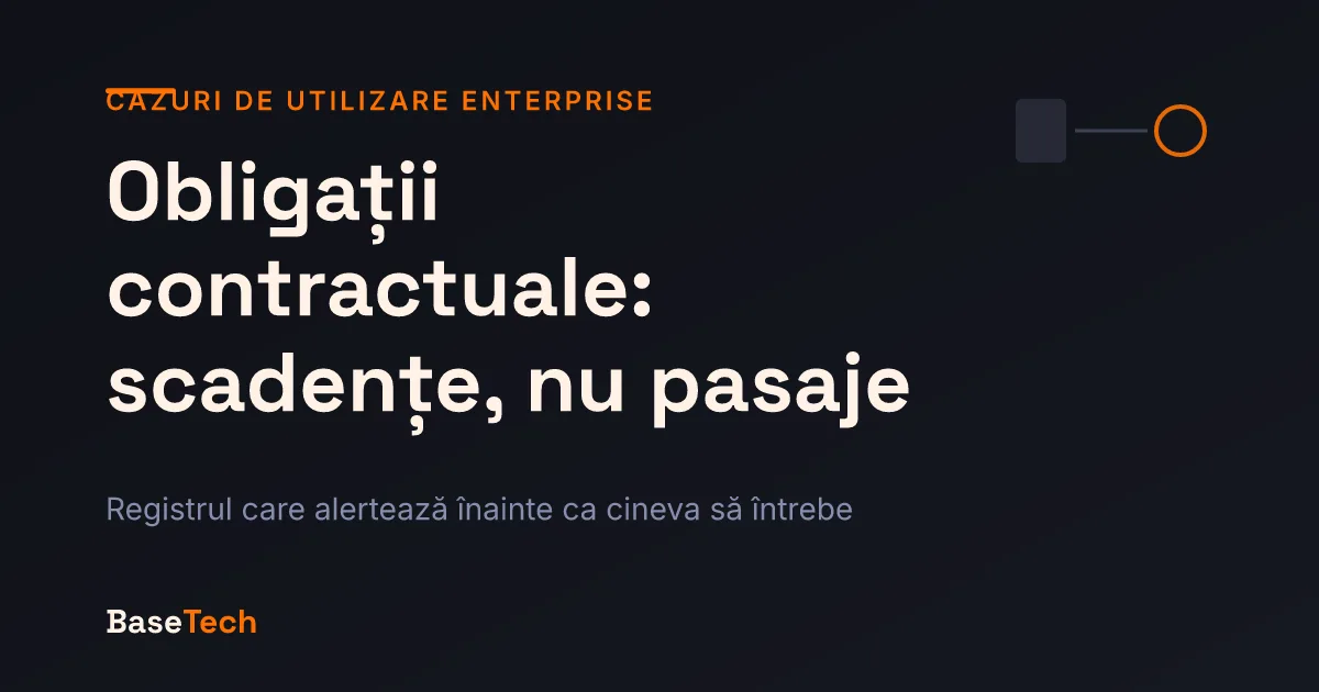 Ilustrație abstractă cu clauze de contract transformate în rânduri de registru, cu scadențe marcate pe o axă de timp