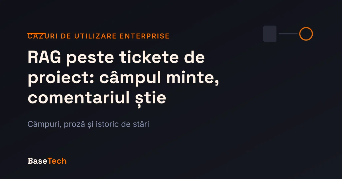 Ilustrație abstractă: un ticket cu câmpuri stale în prim-plan și firul de comentarii recent care îl contrazice