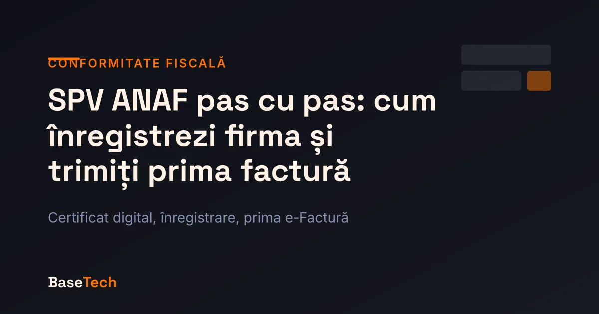 Certificat digital care deschide accesul la Spațiul Privat Virtual ANAF, cu o factură validată pe fundal charcoal.