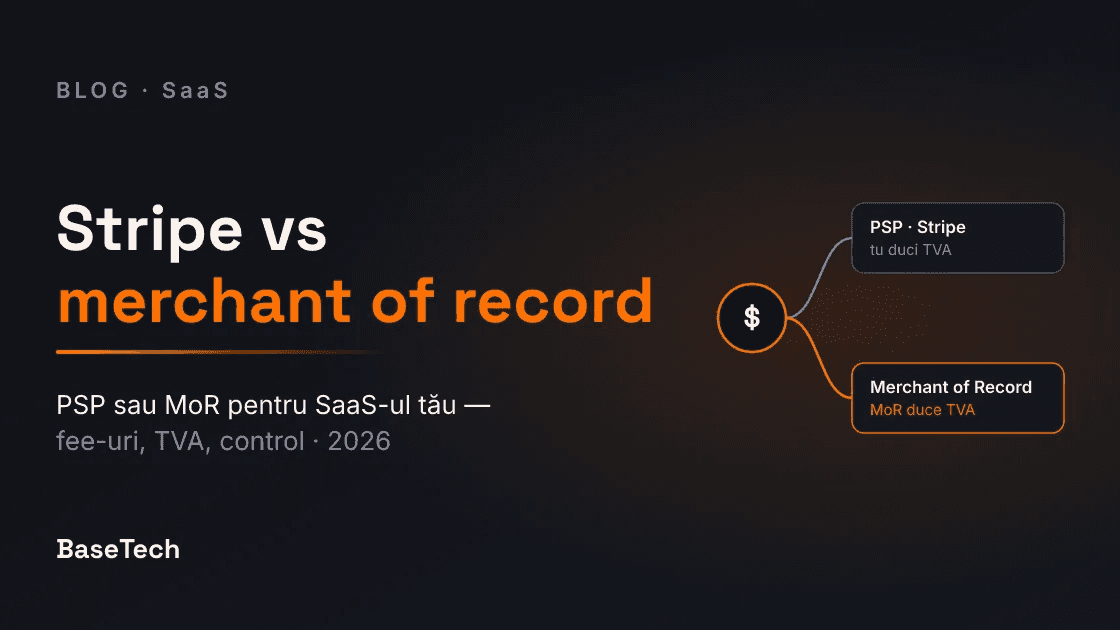 Ilustrație editorială pe charcoal cu accente portocalii: Stripe (procesator) vs merchant of record care duce TVA-ul global.