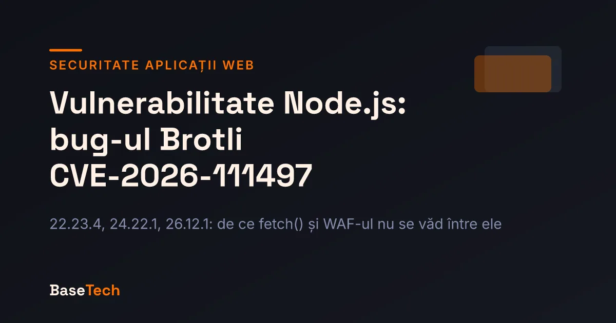 Copertă despre vulnerabilitatea Brotli CVE-2026-111497 din Node.js, reparată pe 21 octombrie 2026 în trei linii suportate