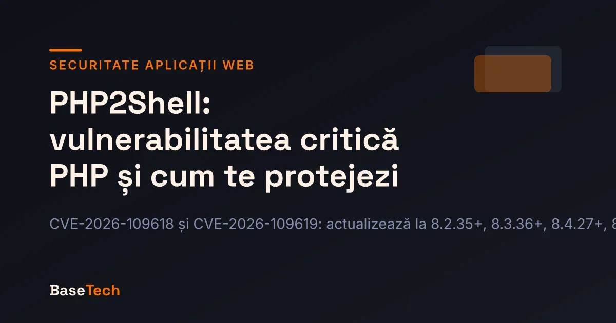 Copertă despre vulnerabilitatea critică PHP2Shell, cu versiunile PHP reparate pe 21 octombrie 2026 și pașii de remediere